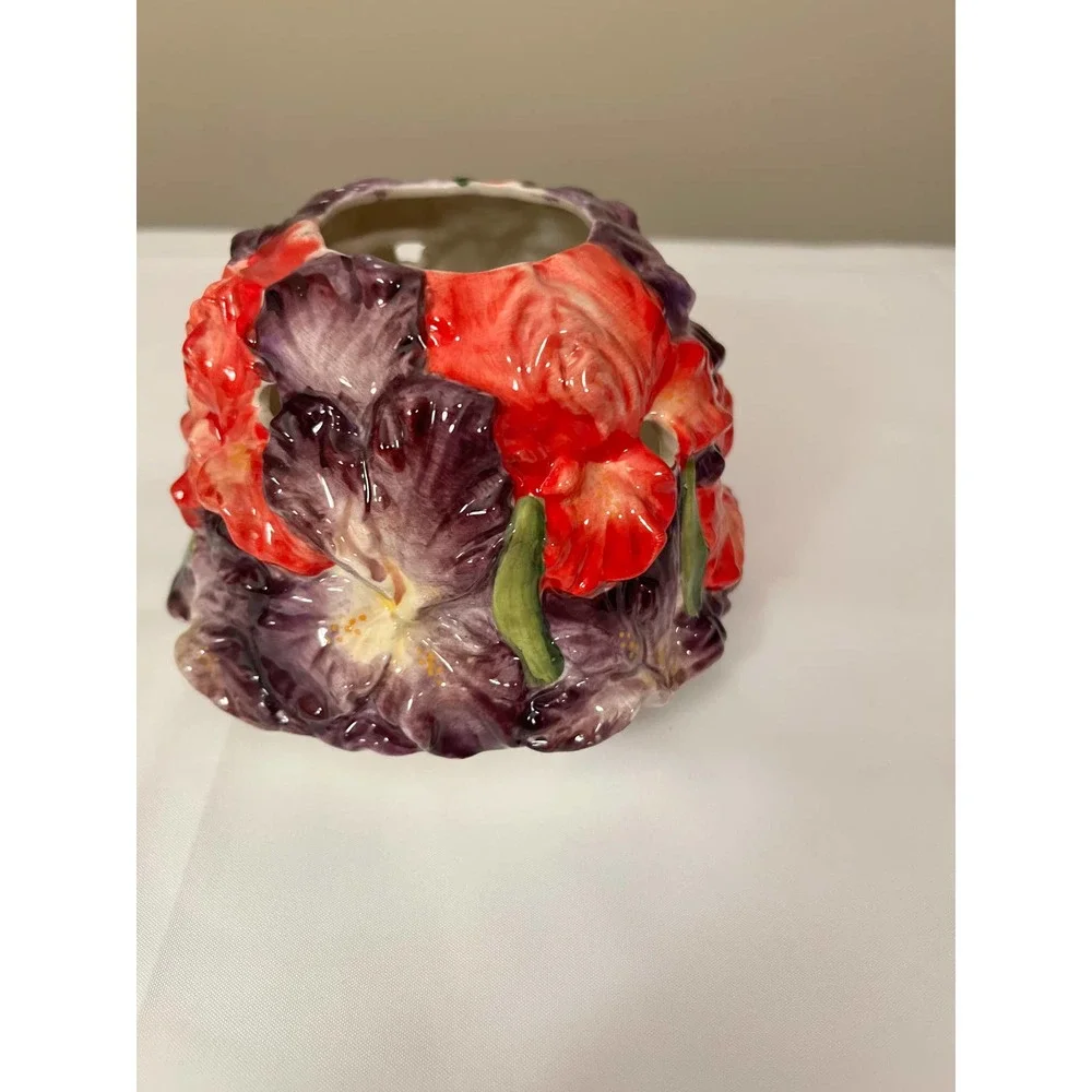 Home Interior Candle Shade Floral Iris Purple Red‎ & Green Jar Topper23